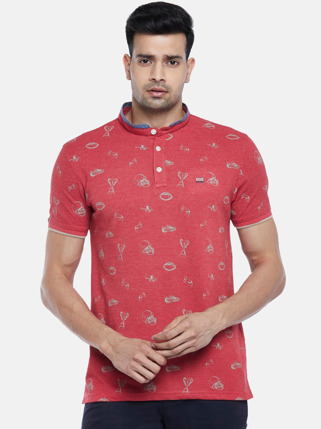 

BYFORD by Pantaloons Men Red Printed Henley Neck Pure Cotton Slim Fit T-shirt