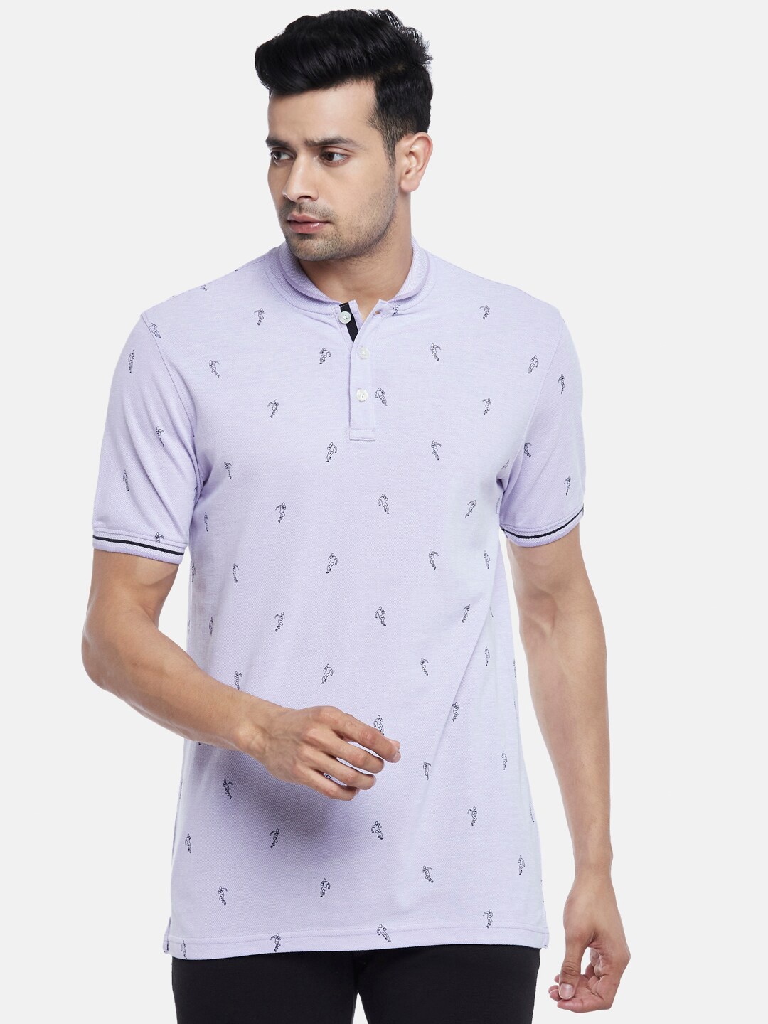 

BYFORD by Pantaloons Men Purple Printed Polo Collar Pure Cotton Slim Fit T-shirt