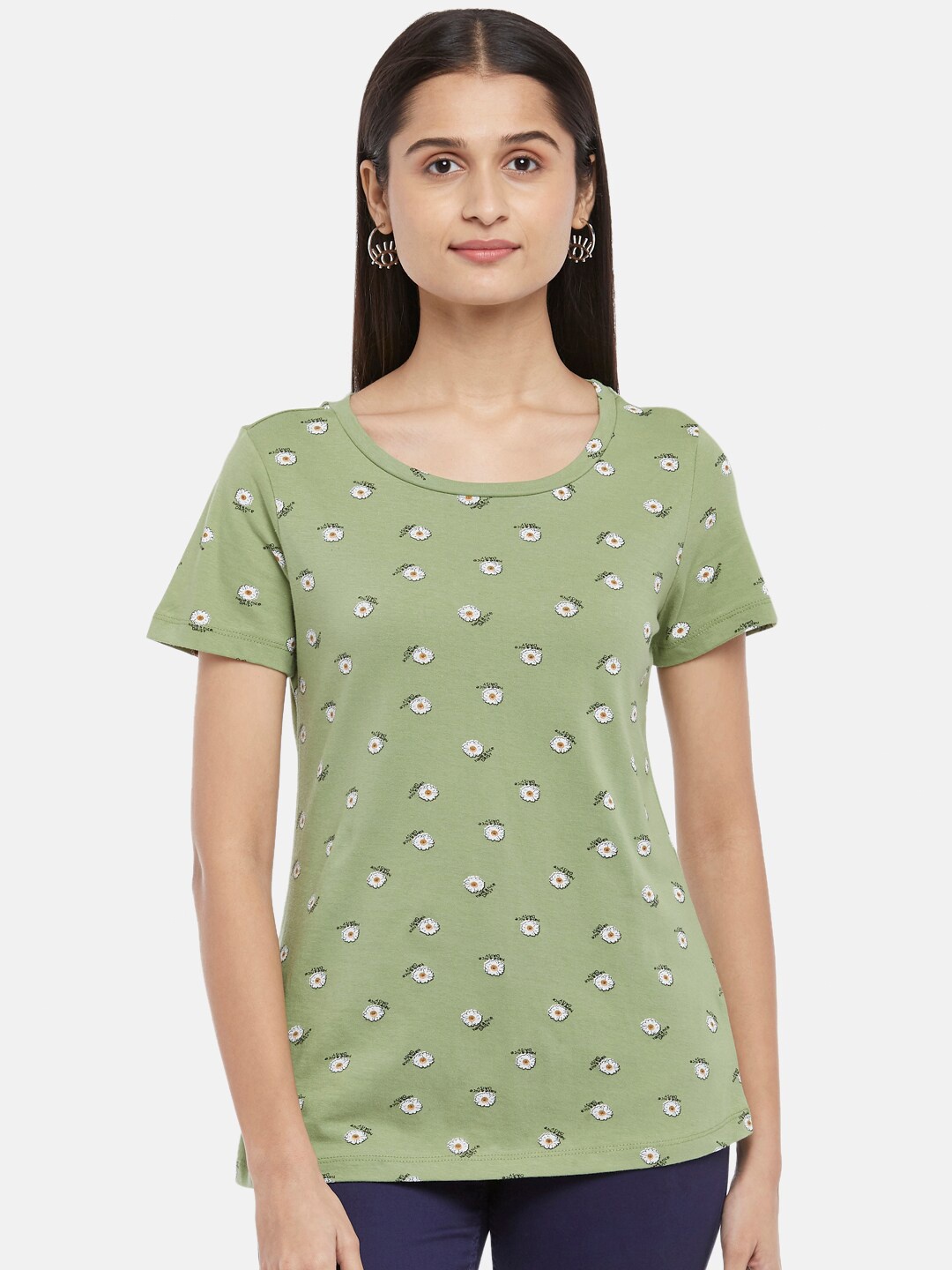 

Honey by Pantaloons Women Green Printed Pure Cotton T-shirt