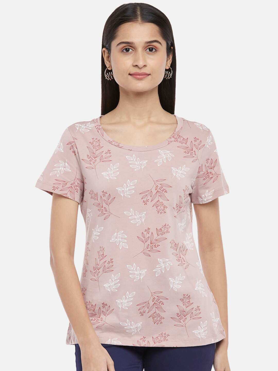 

Honey by Pantaloons Women Pink & Brown Floral Printed Pure Cotton T-shirt