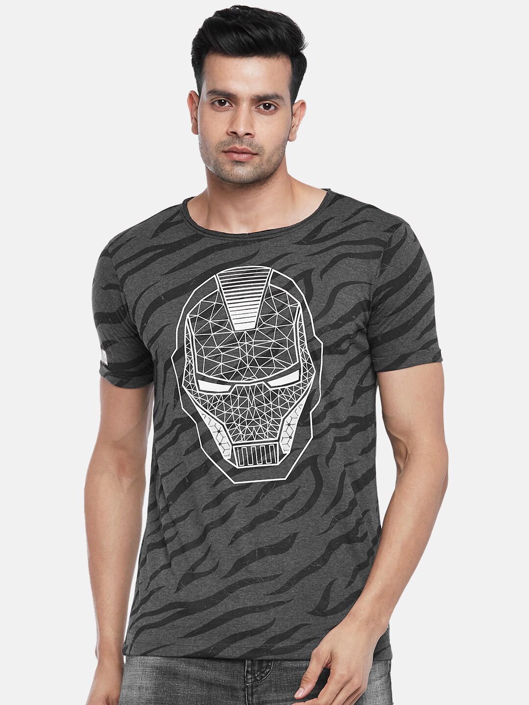 

SF JEANS by Pantaloons Men Charcoal & White Iron Man Printed Slim Fit T-shirt