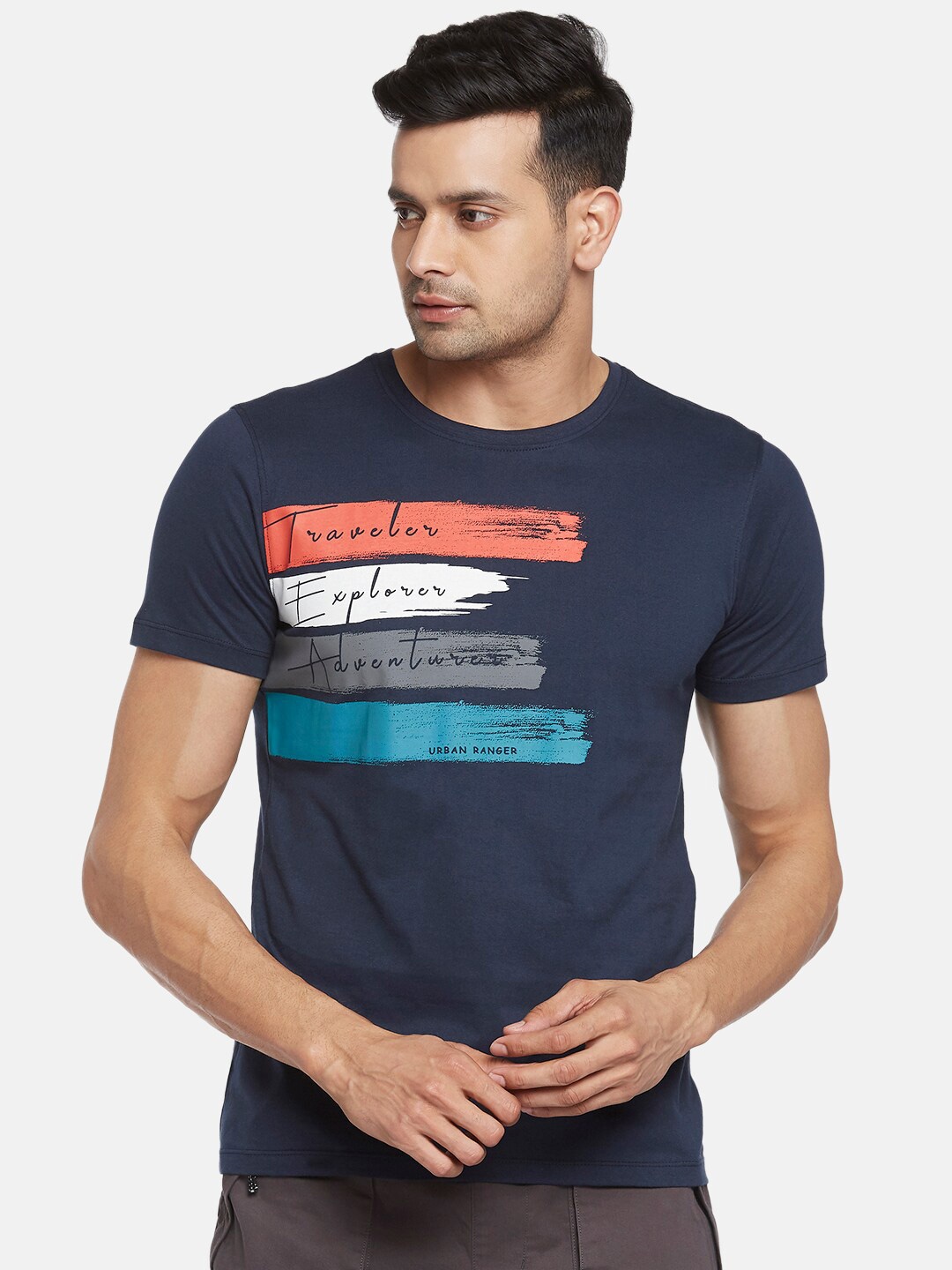 

Urban Ranger by pantaloons Men Blue Printed Pure Cotton Slim Fit T-shirt