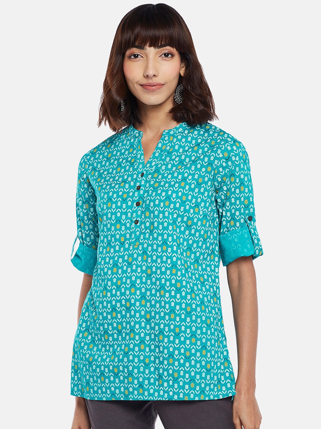 

AKKRITI BY PANTALOONS Turquoise Blue & White Ethnic Printed Tunic