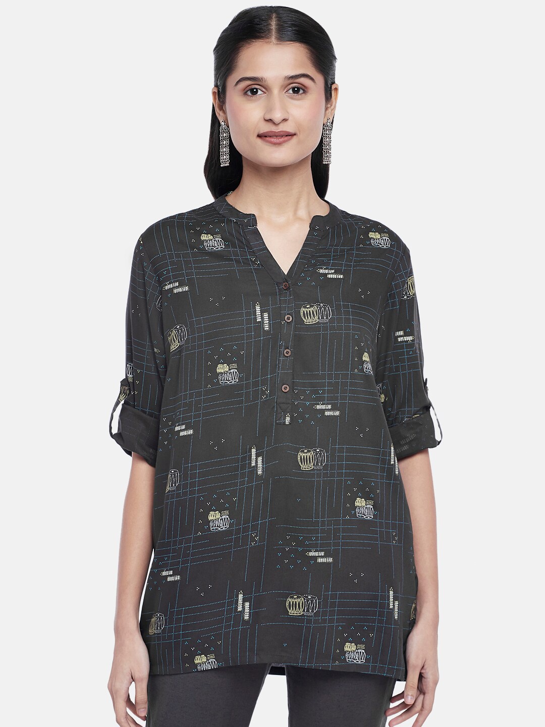 

AKKRITI BY PANTALOONS Charcoal & Blue Viscose Rayon Mandarin Collar Printed Tunic