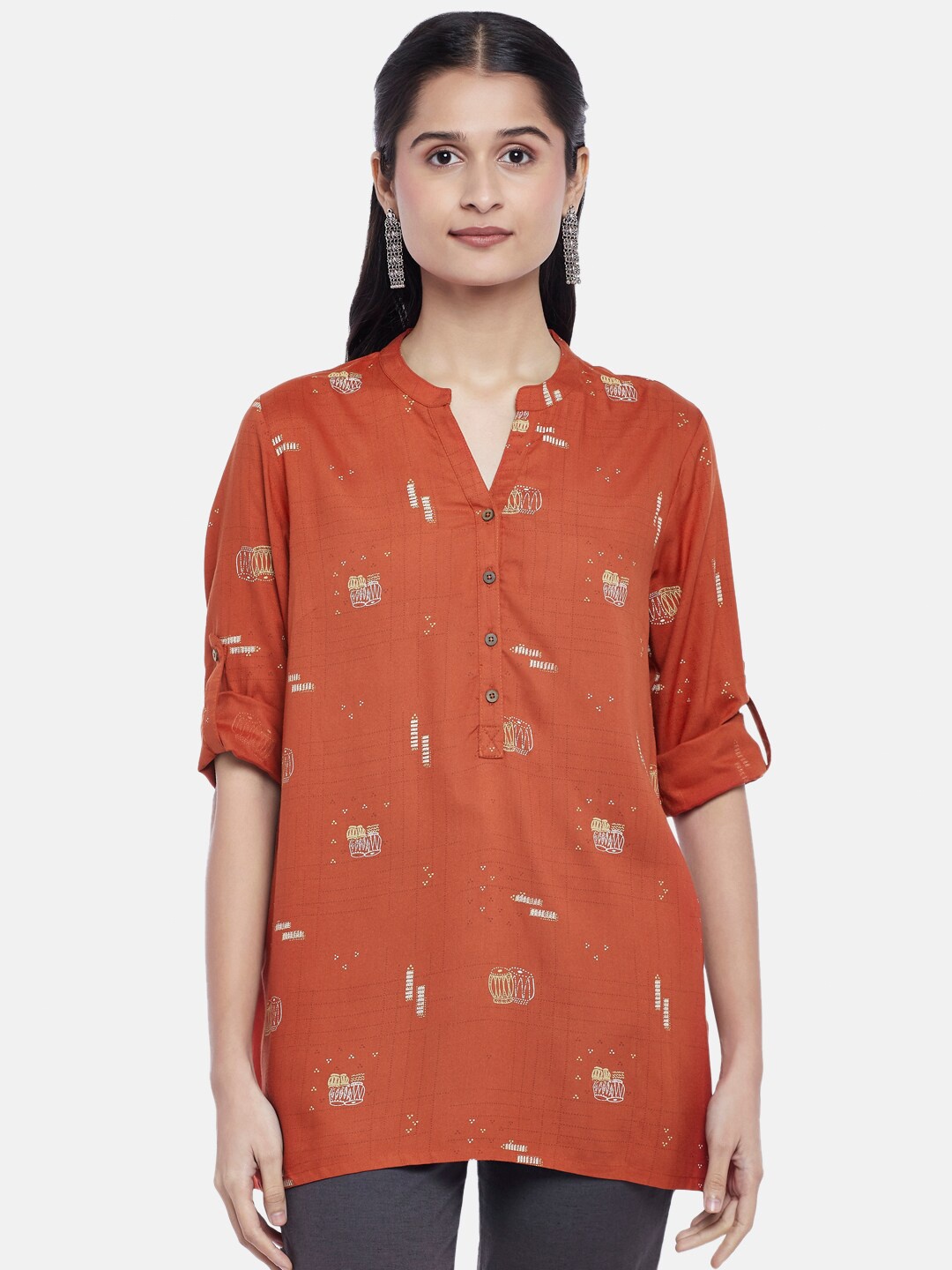 

AKKRITI BY PANTALOONS Rust & White Mandarin Collar Printed Tunic