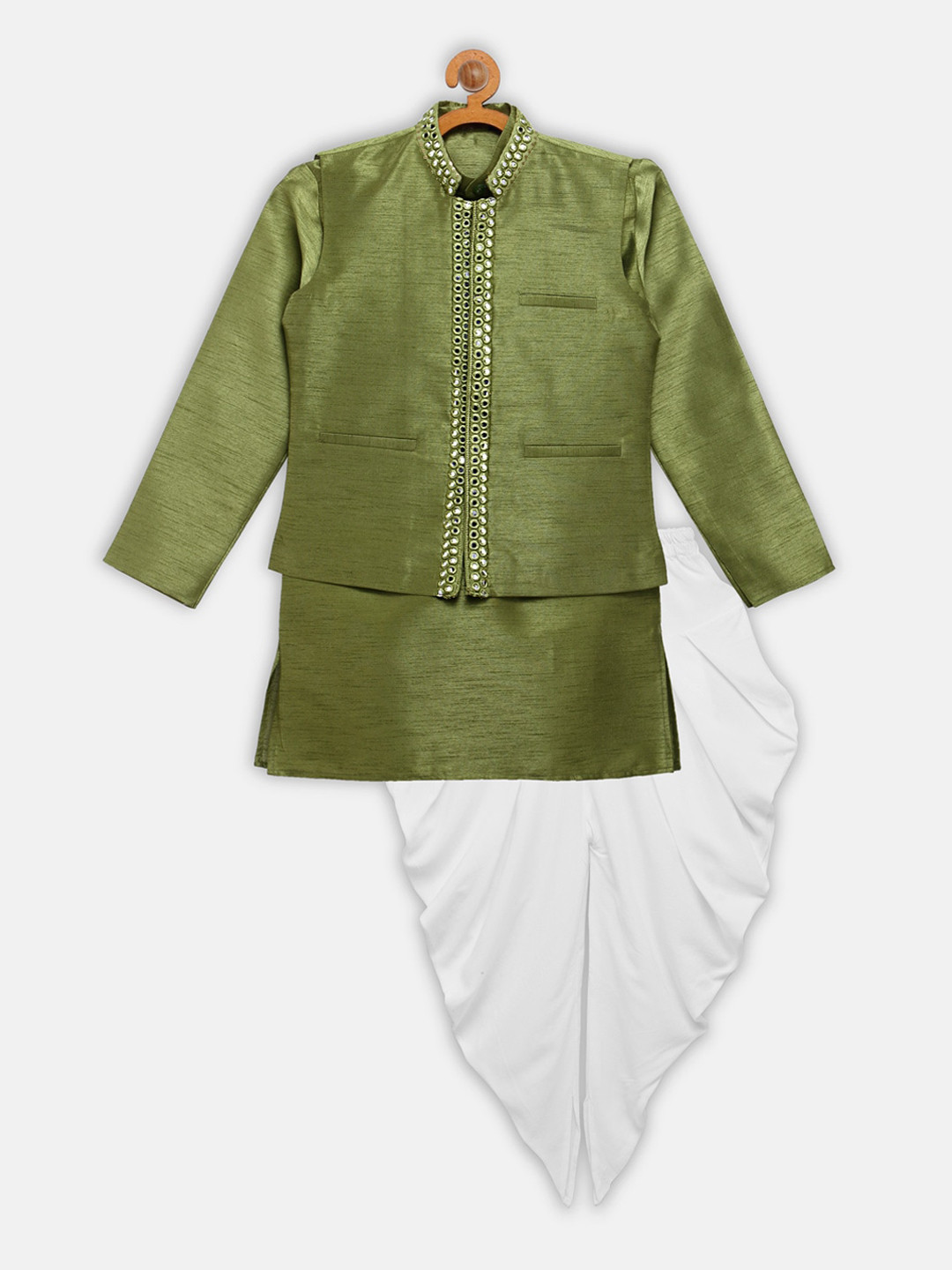 

MAXENCE Boys Green & White Kurta with Dhoti Pants with Nehru Jacket