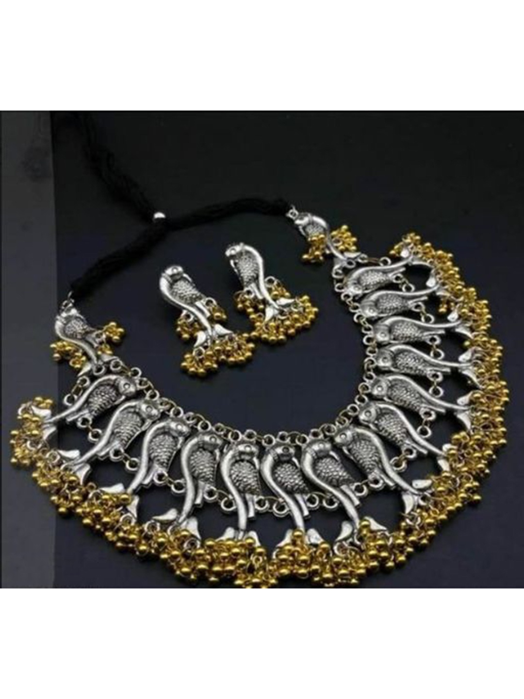 

Vembley Oxidised Silver-Plated & Gold-Coloured Ghungroo Beaded Jewellery Set