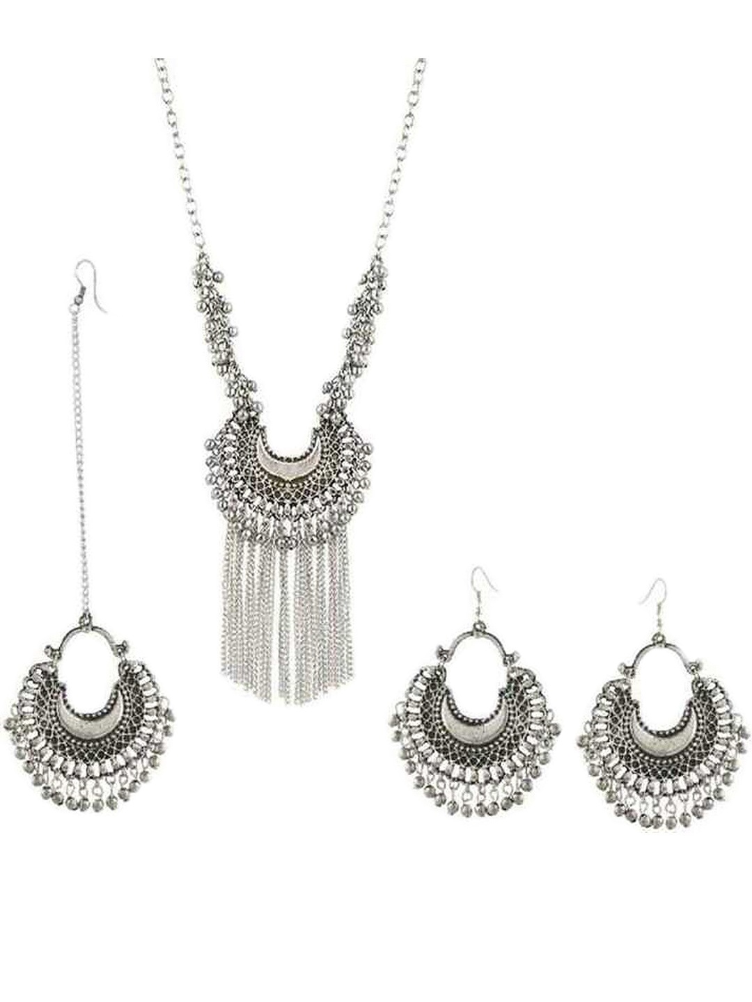 

Vembley Oxidised Silver-Plated Beaded Half Moon With Hanging Jhumki Jewellery Set