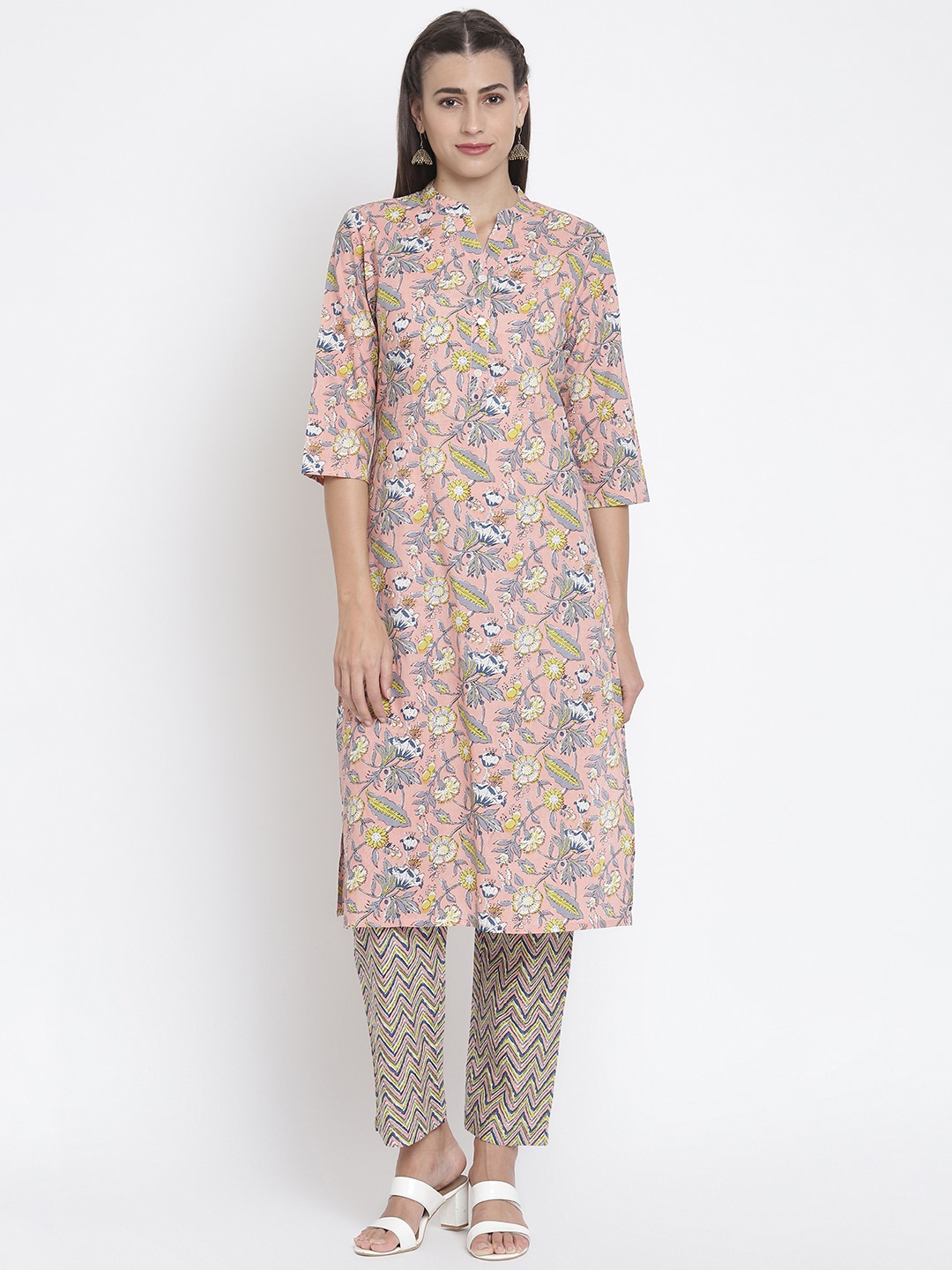 

Wodreams Women Pink Floral Printed Pure Cotton Kurti with Trousers