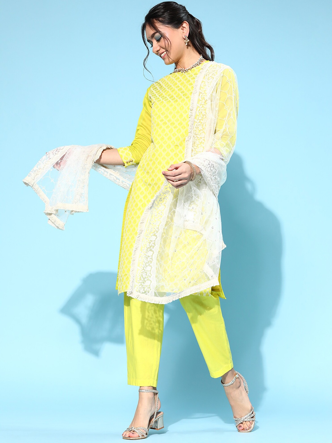 

Indo Era Women Ethnic Motifs Embroidered Chanderi Cotton Kurta Set, Yellow