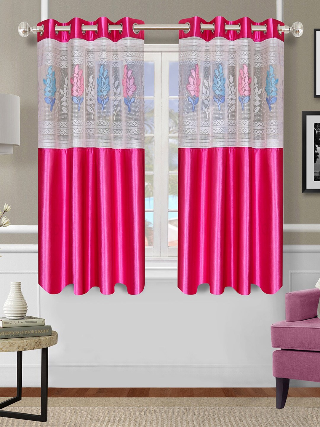 

ROMEE Pink & White Set of 2 Floral Sheer Window Curtain