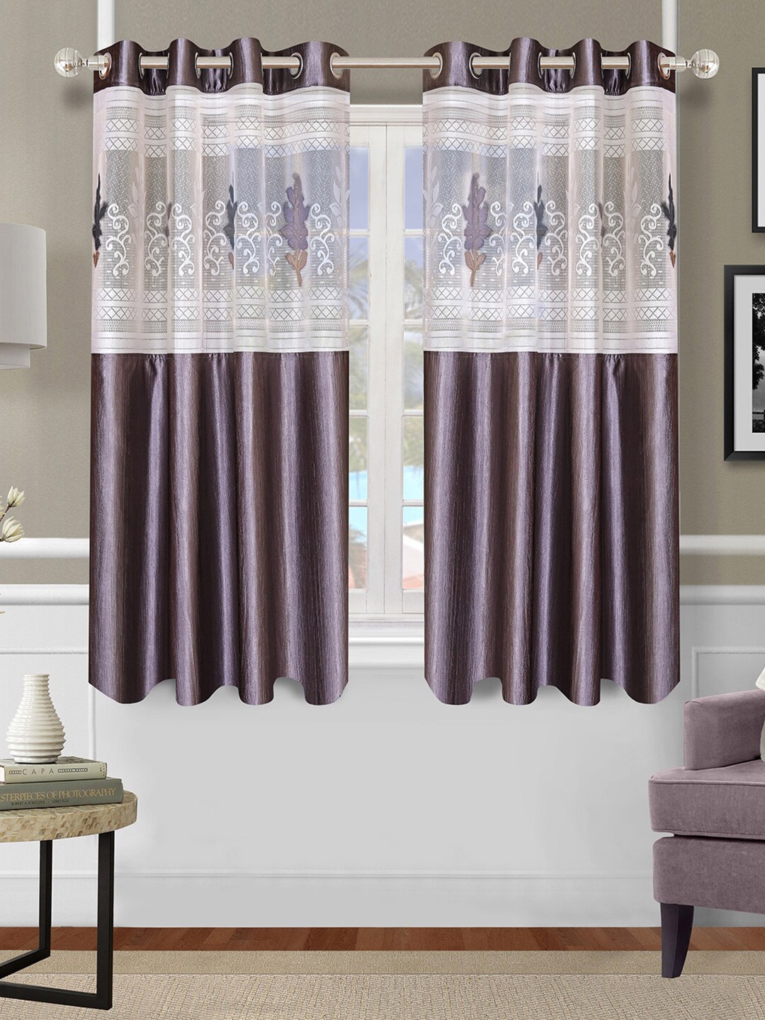 

ROMEE Grey & White Set of 2 Floral Sheer Window Curtain