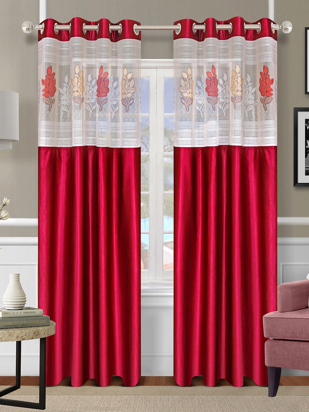 

ROMEE Red & White Set of 2 Floral Sheer Door Curtain