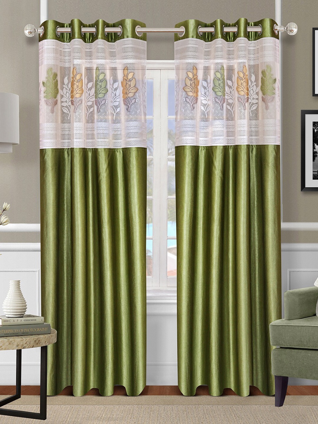 

ROMEE Green & White Set of 2 Floral Sheer Long Door Curtain