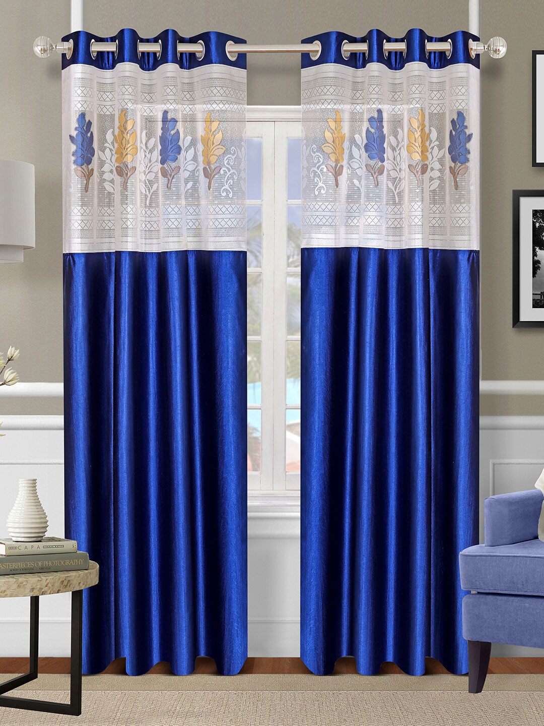 

ROMEE Blue & White Set of 2 Floral Sheer Long Door Curtain