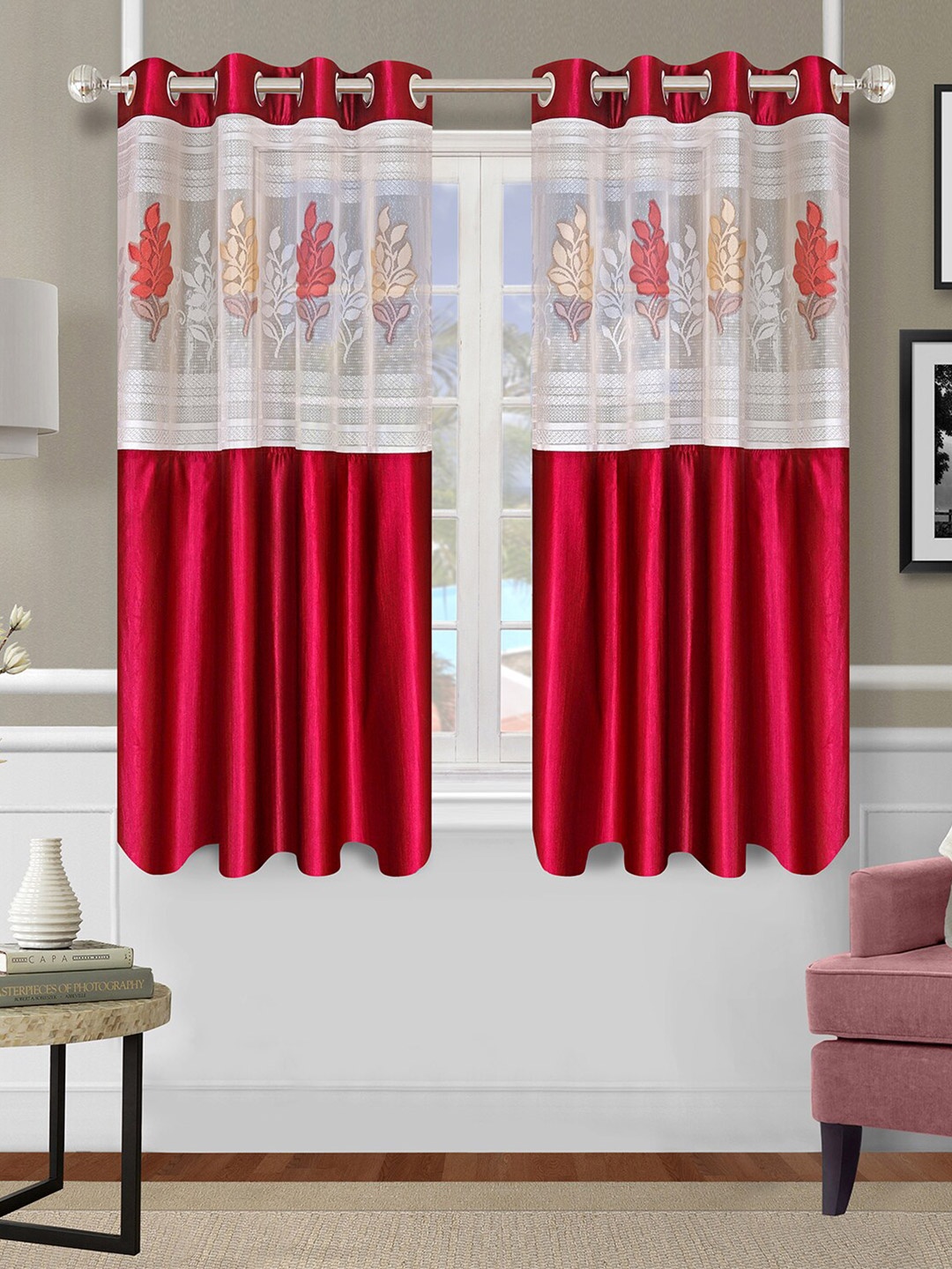 

ROMEE Set Of 2 Red & White Floral Window Curtain