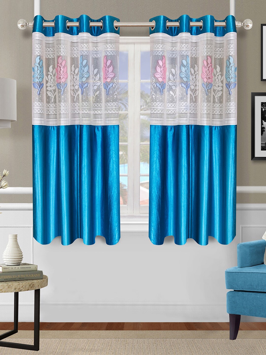 

ROMEE Turquoise Blue & White Set of 2 Floral Sheer Window Curtain