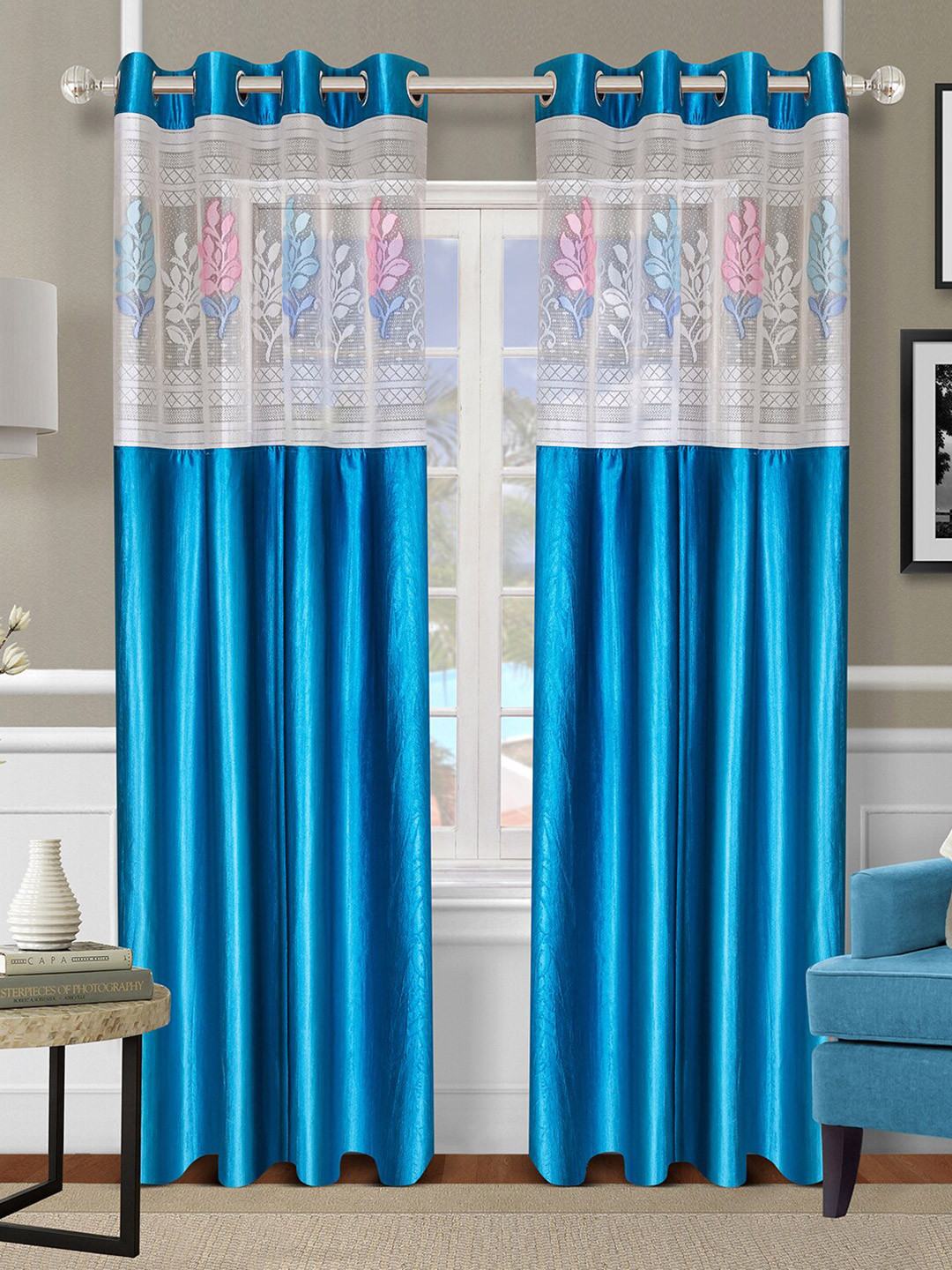 

ROMEE Turquoise Set of 2 Blue & White Floral Sheer Door Curtain, Turquoise blue
