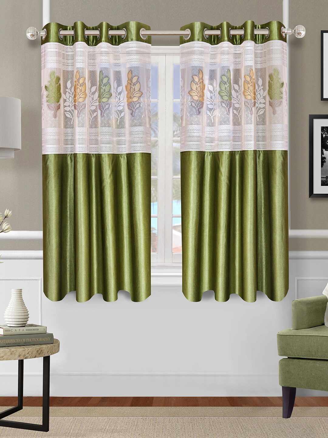 

ROMEE Set Of 2 Green Floral Printed Polyester Window Curtains