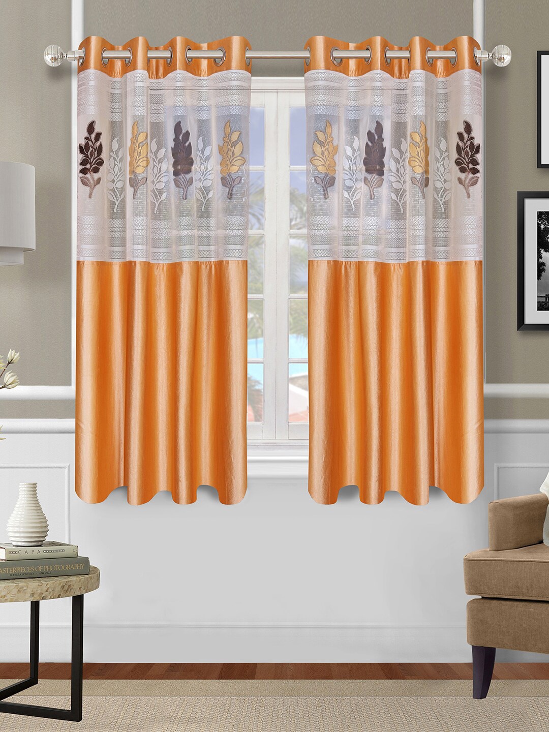 

ROMEE Gold-Toned & White Set of 2 Floral Sheer Door Curtain