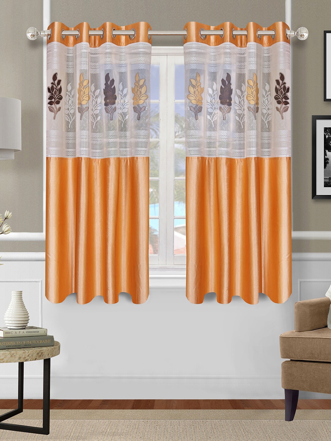 

ROMEE Gold-Toned & White Set of 2 Floral Sheer Window Curtain