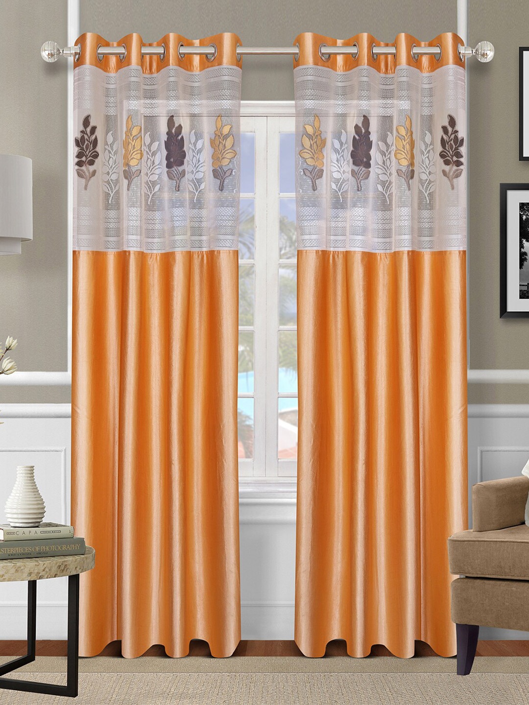 

ROMEE Gold-Toned & White Set of 2 Floral Sheer Long Door Curtain