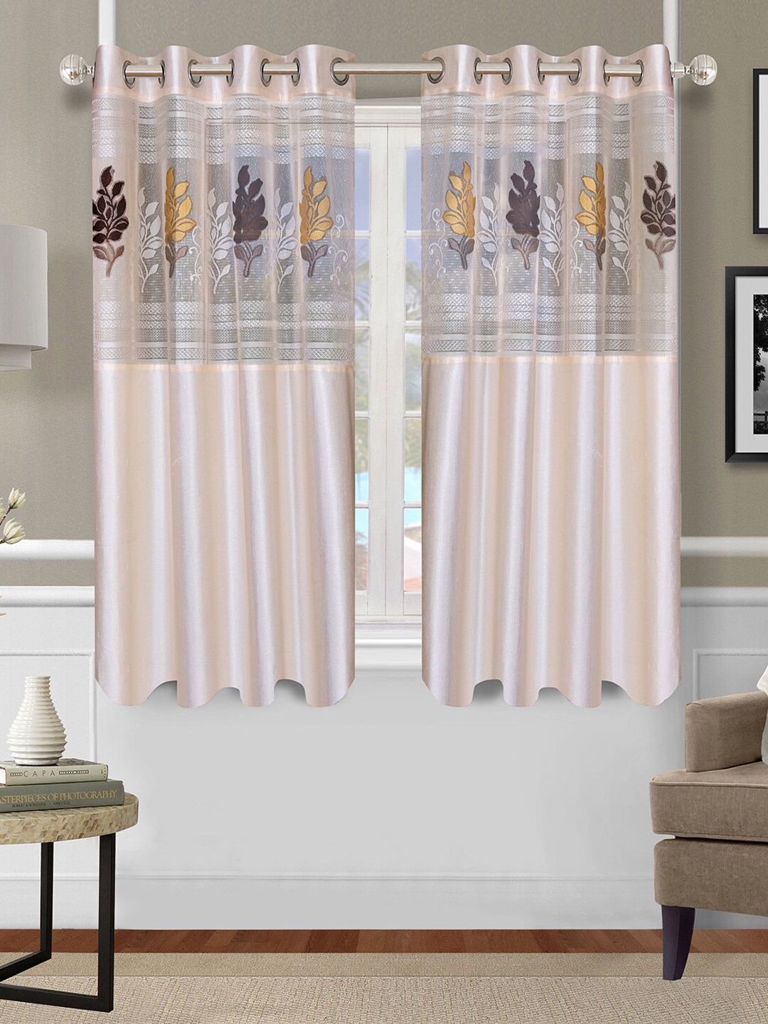 

ROMEE Set Of 2 Cream-Coloured & Gold-Toned Floral Sheer Window Curtain