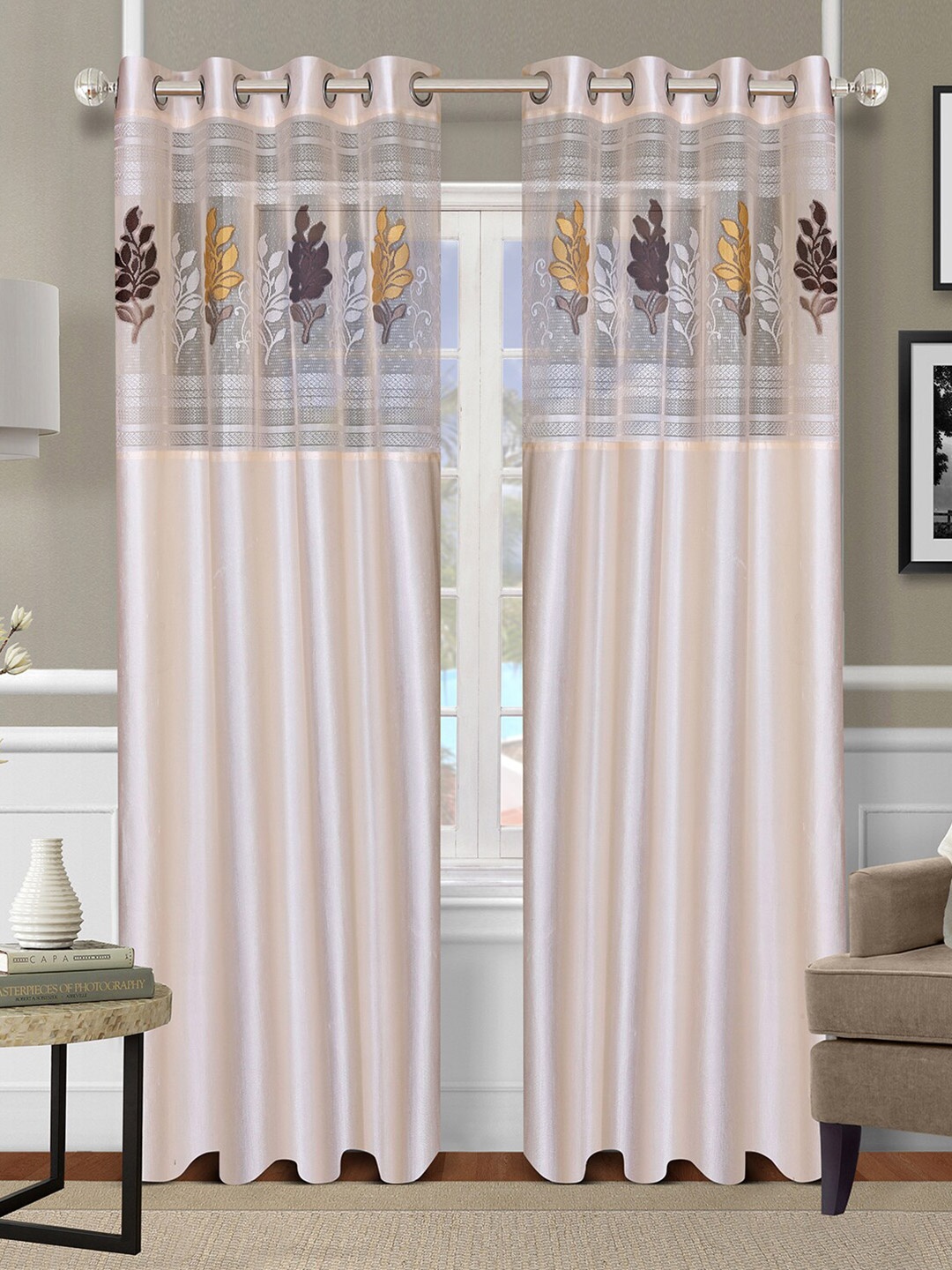 

ROMEE Cream-Coloured & Yellow Set of 2 Floral Sheer Long Door Curtain