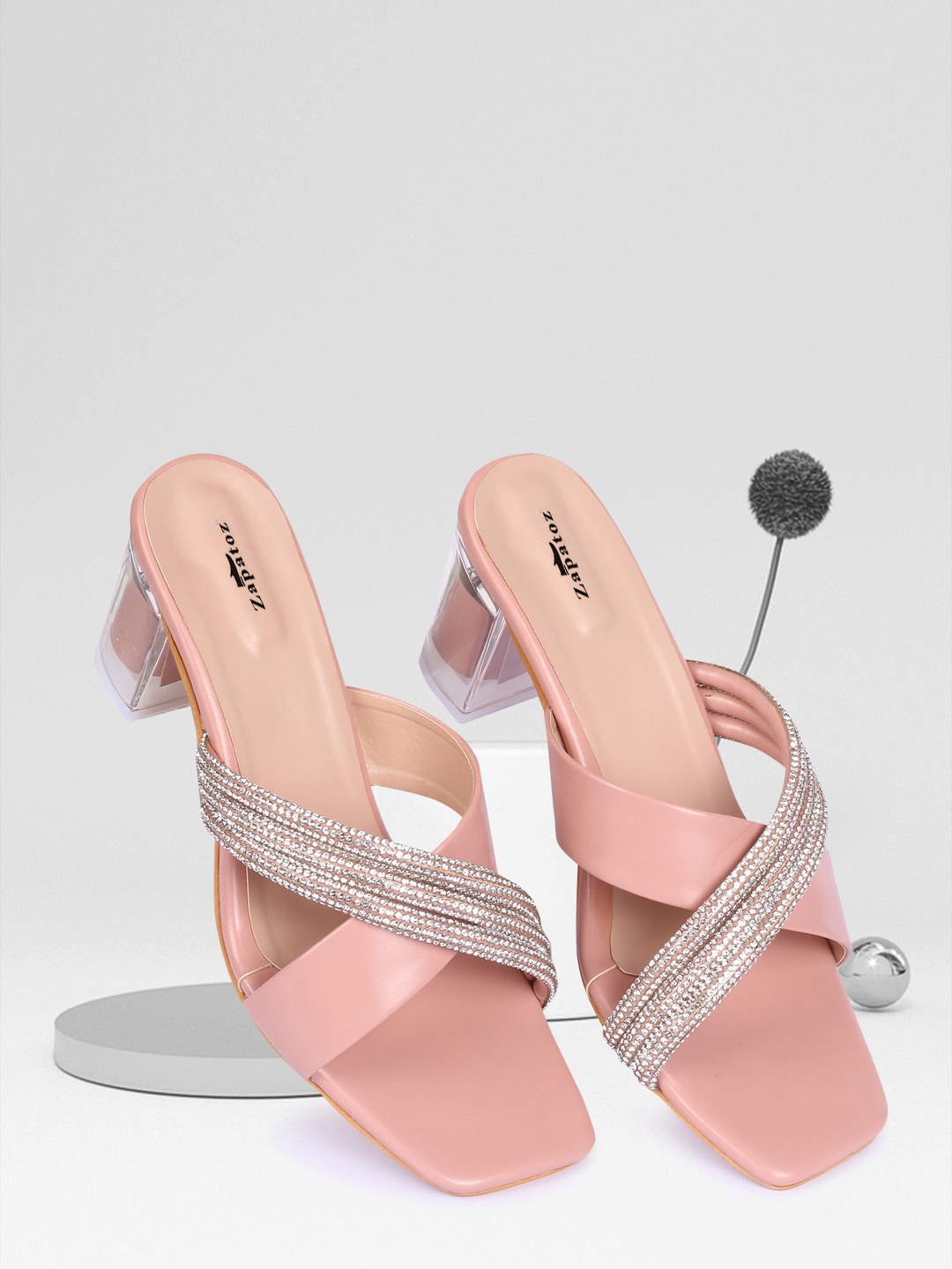 

ZAPATOZ Pink & Silver-Toned Embellished Party Block Sandals
