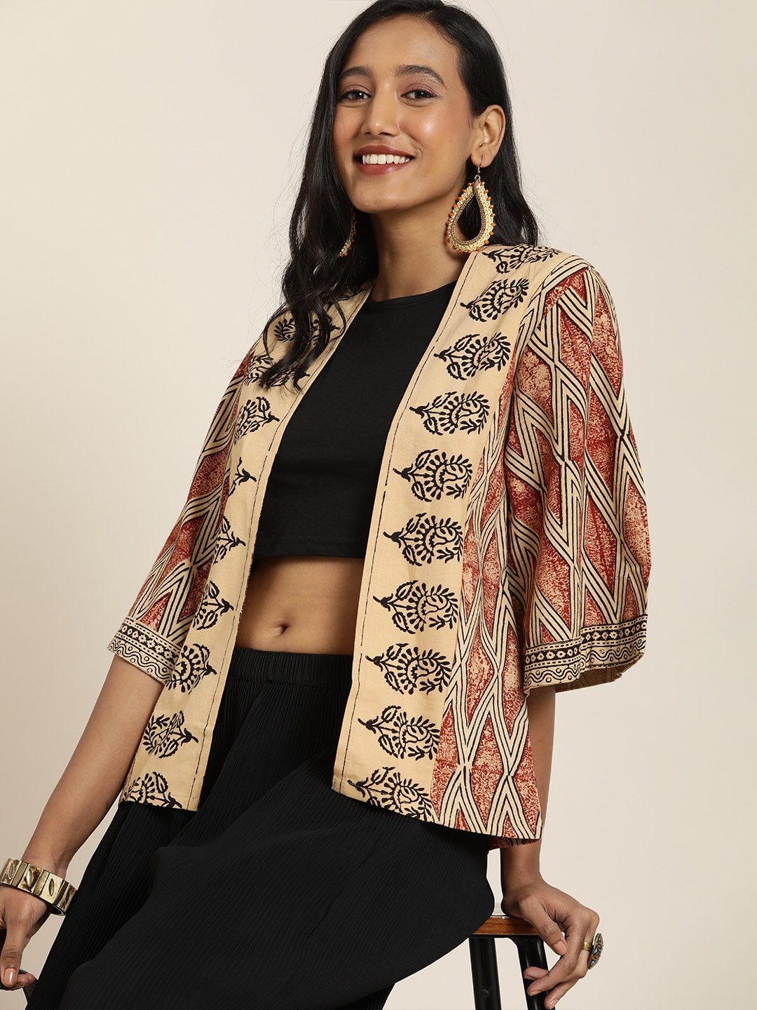 

Taavi Women Beige & Red Hand Block Floral Printed Open Front Jacket