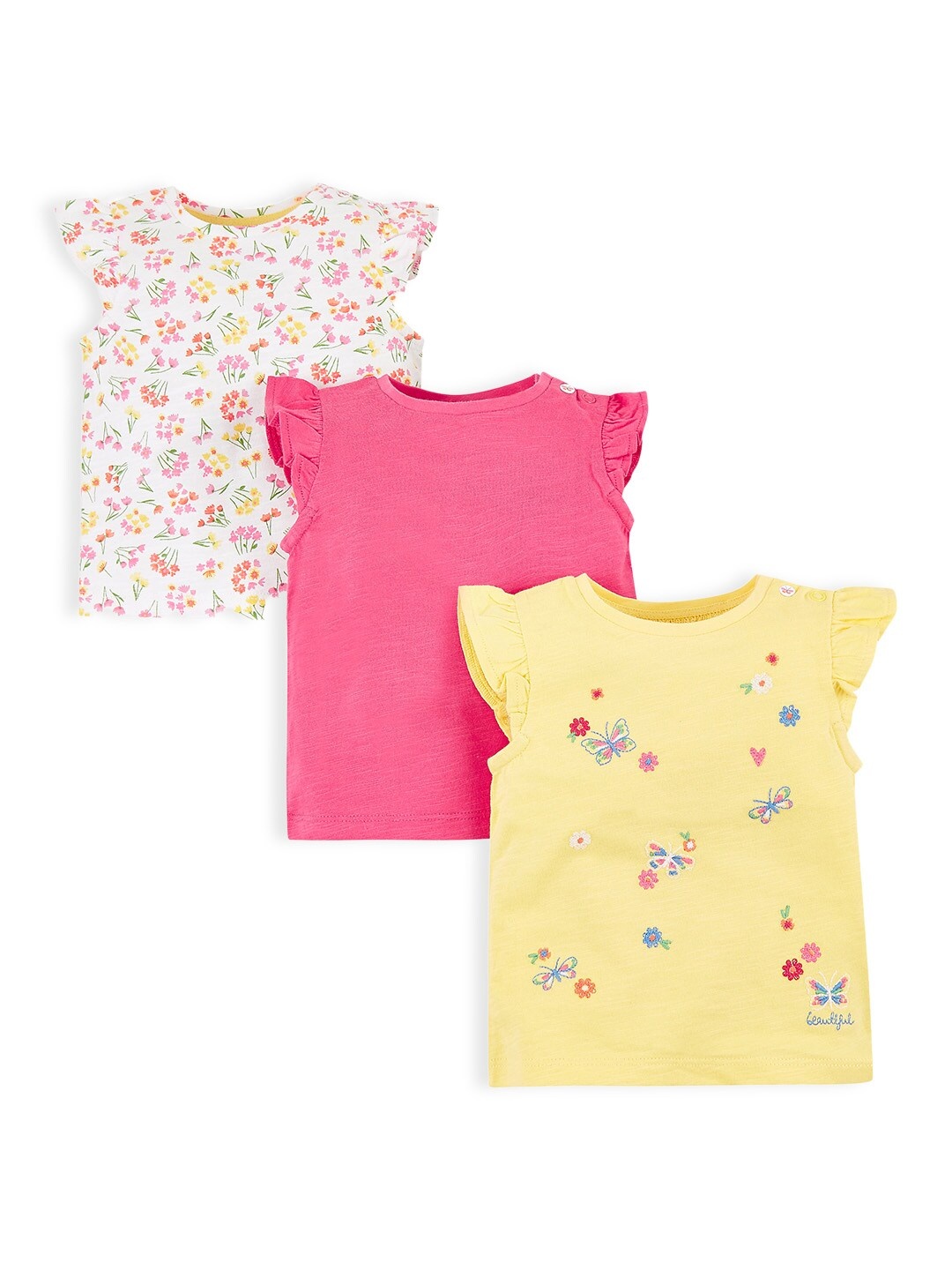 

mothercare Girls Pack of 3 Floral Print Pure Cotton Tops, Yellow