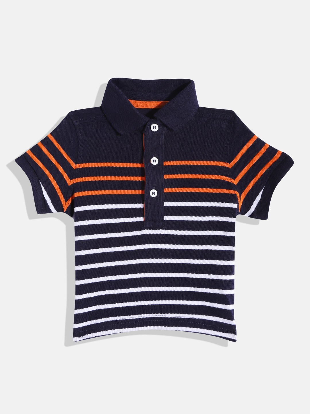 

mothercare Boys Navy Blue & White Striped Polo Collar Pure Cotton T-shirt