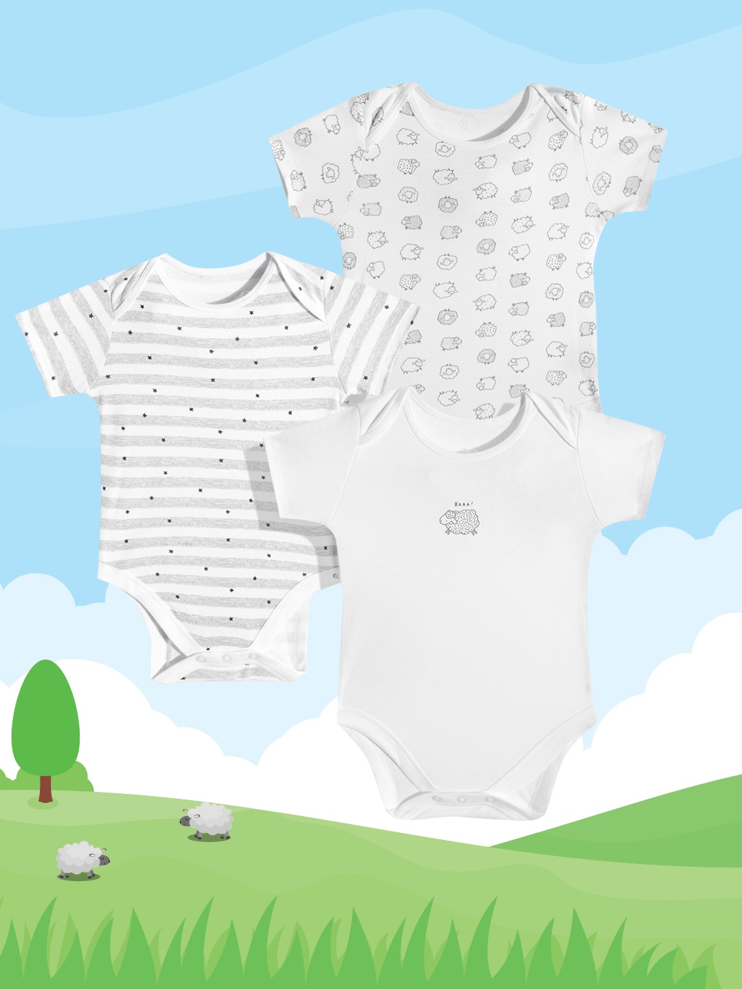 

mothercare Infant Kids White & Grey Pack Of 3 Pure Cotton Bodysuits