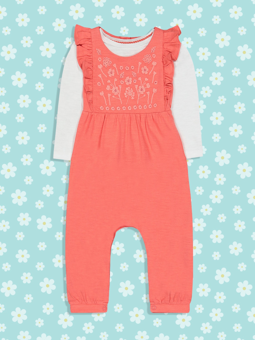 

mothercare Girls Pink Cotton Embroidered Cotton Dungarees with T-shirt