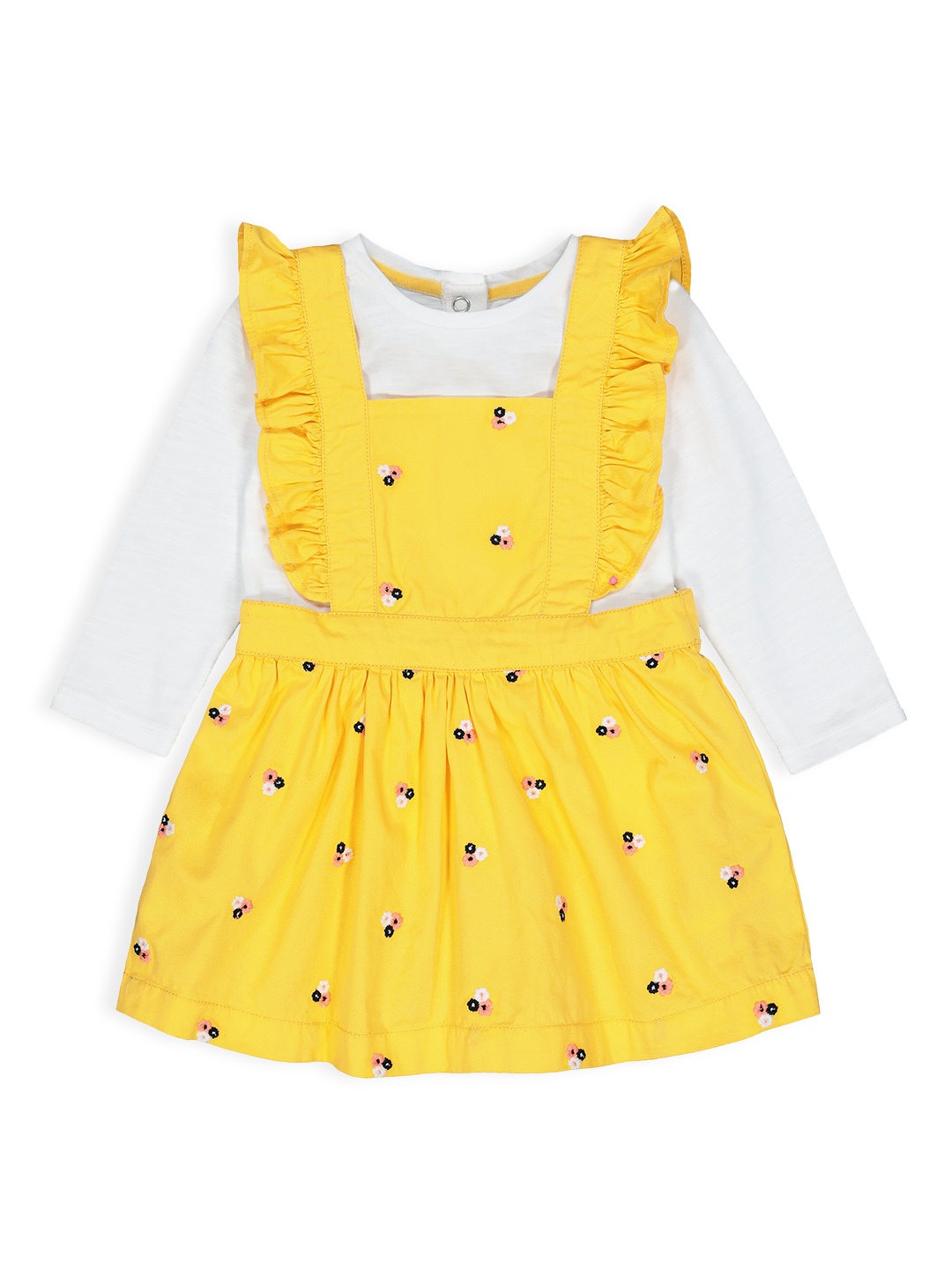

mothercare Infant Girls Yellow Pure Cotton Floral Print Pinafore Dress & White Tshirt