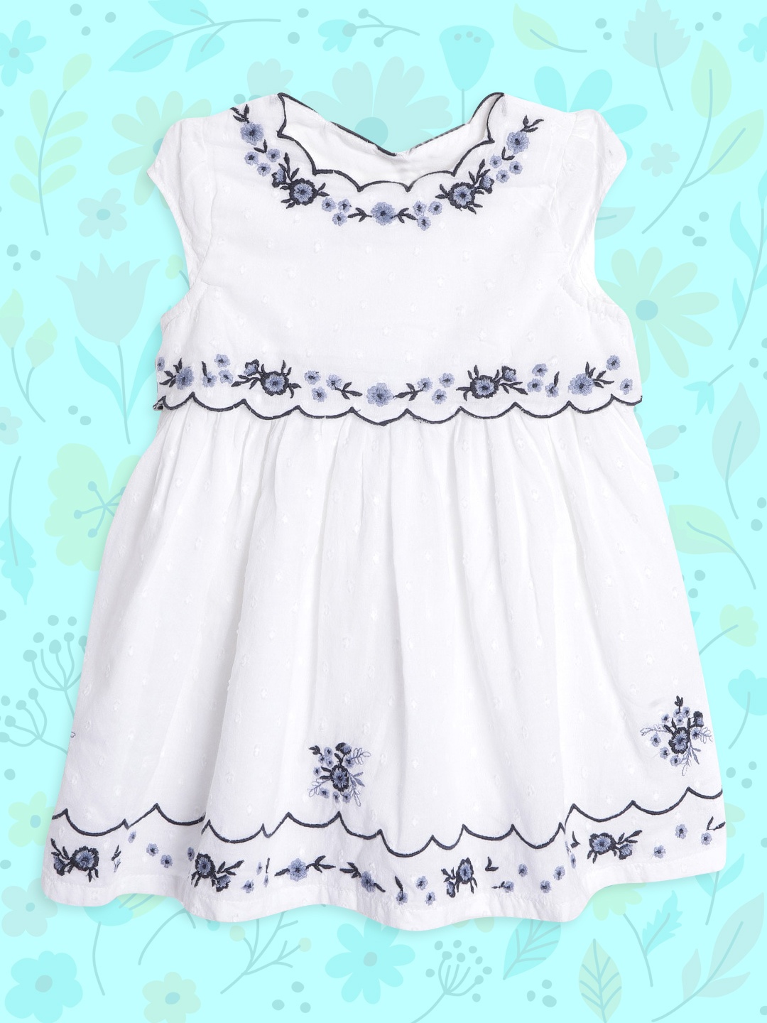 

mothercare Girls White & Blue Pure Cotton Self Design Floral Embroidered Dress