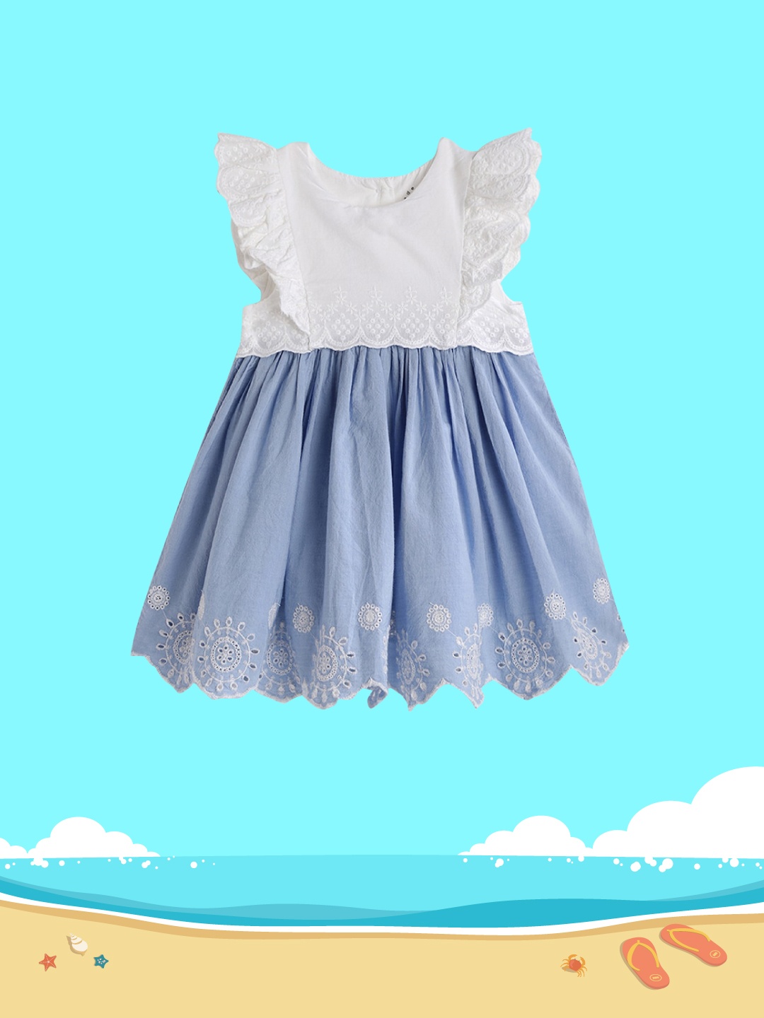 

mothercare Girls White & Blue Pure Cotton Embroidered Fit & Flare Dress