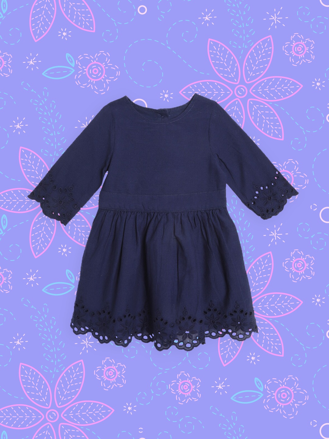 

mothercare Girls Navy Blue Pure Cotton Solid Schiffli Dress