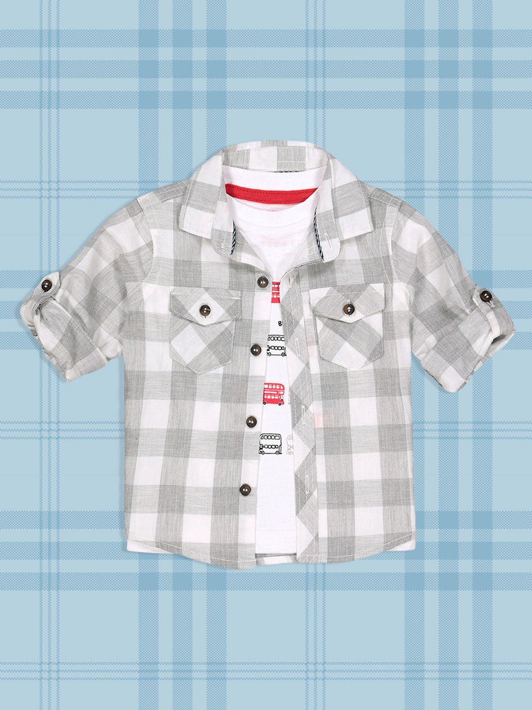 

mothercare Infant Boys Grey & White Checked Pure Cotton Casual Shirt with Tshirt