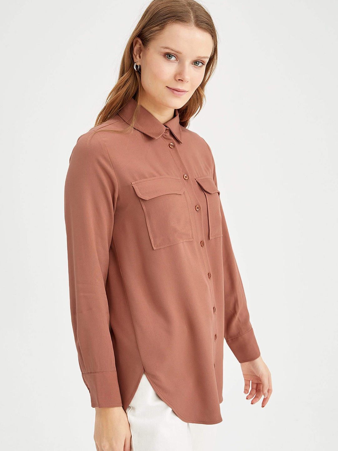 

DeFacto Women Rust Red Solid Longline Casual Shirt