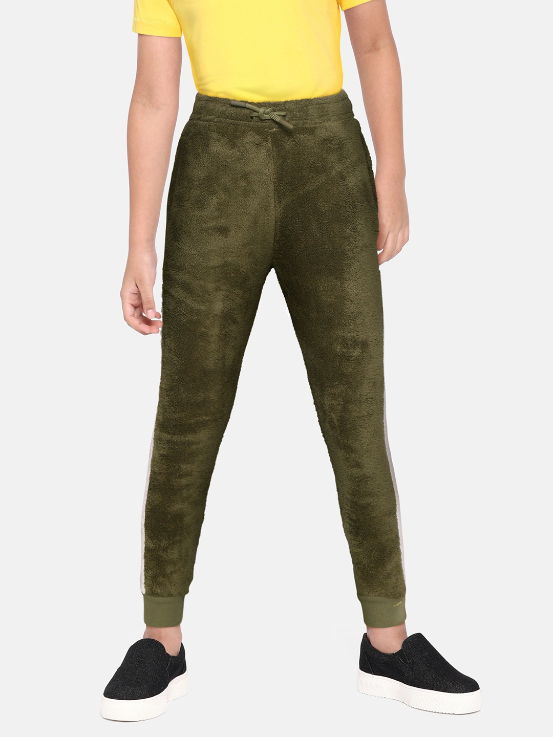 

DeFacto Boys Olive Green & Off-White Faux Fur Joggers with Side Tape Detail