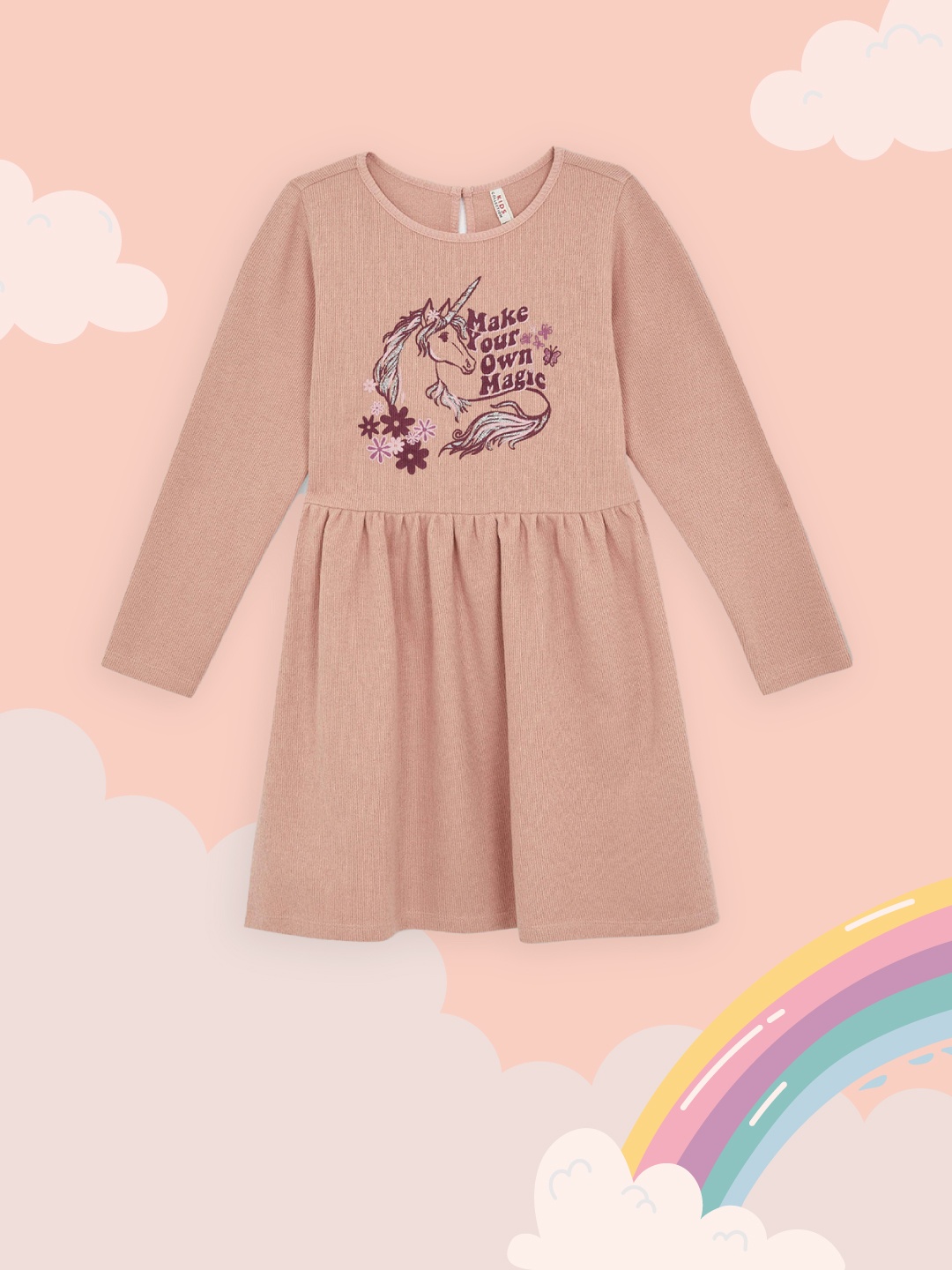 

DeFacto Girls Peach-Coloured & Maroon Self Striped & Graphic Print Fit & Flare Dress