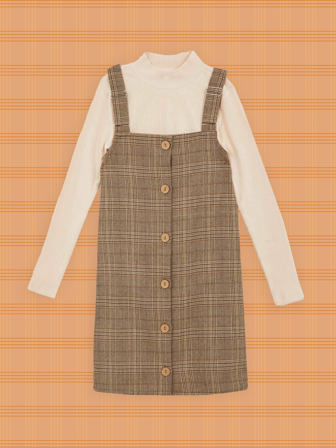 

DeFacto Girls Brown & Peach-Coloured Houndstooth Checked Pinafore Dress with T-shirt