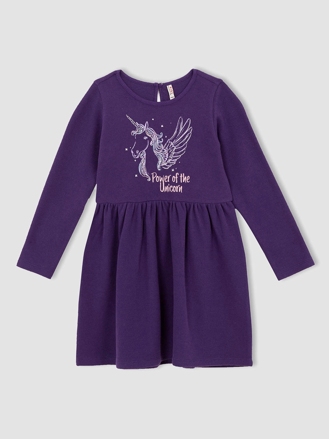 

DeFacto Girls Purple & Pink Self Striped & Graphic Fit & Flare Dress