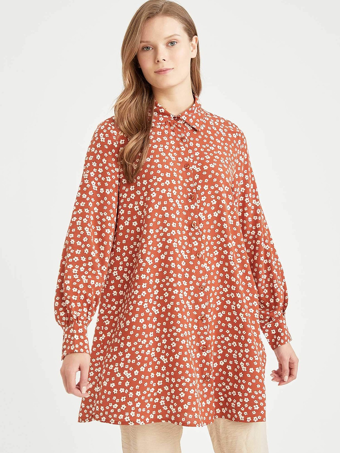 

DeFacto Women Brown & White Floral Printed Longline Shirt