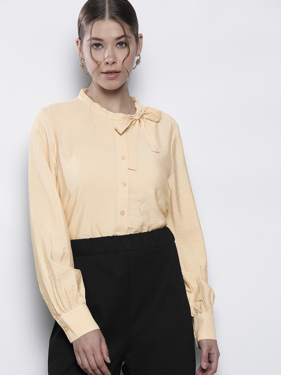 

DeFacto Women Beige Solid Tie-Up Neck Detail Casual Shirt
