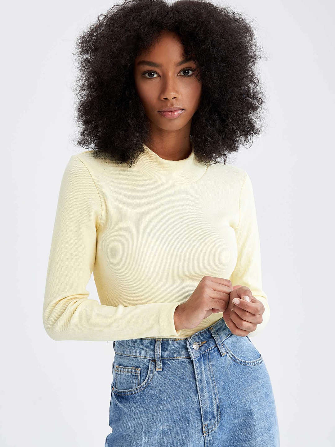 

DeFacto Women Yellow Self-Striped High Neck T-shirt