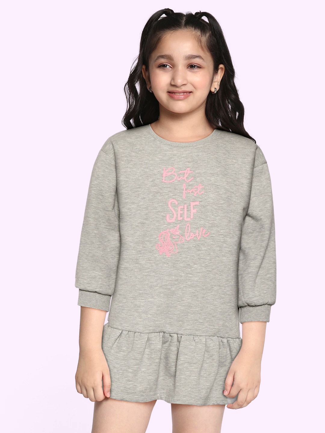 

DeFacto Girls Grey Melange & Pink Typography Print Winter Drop-Waist Dress