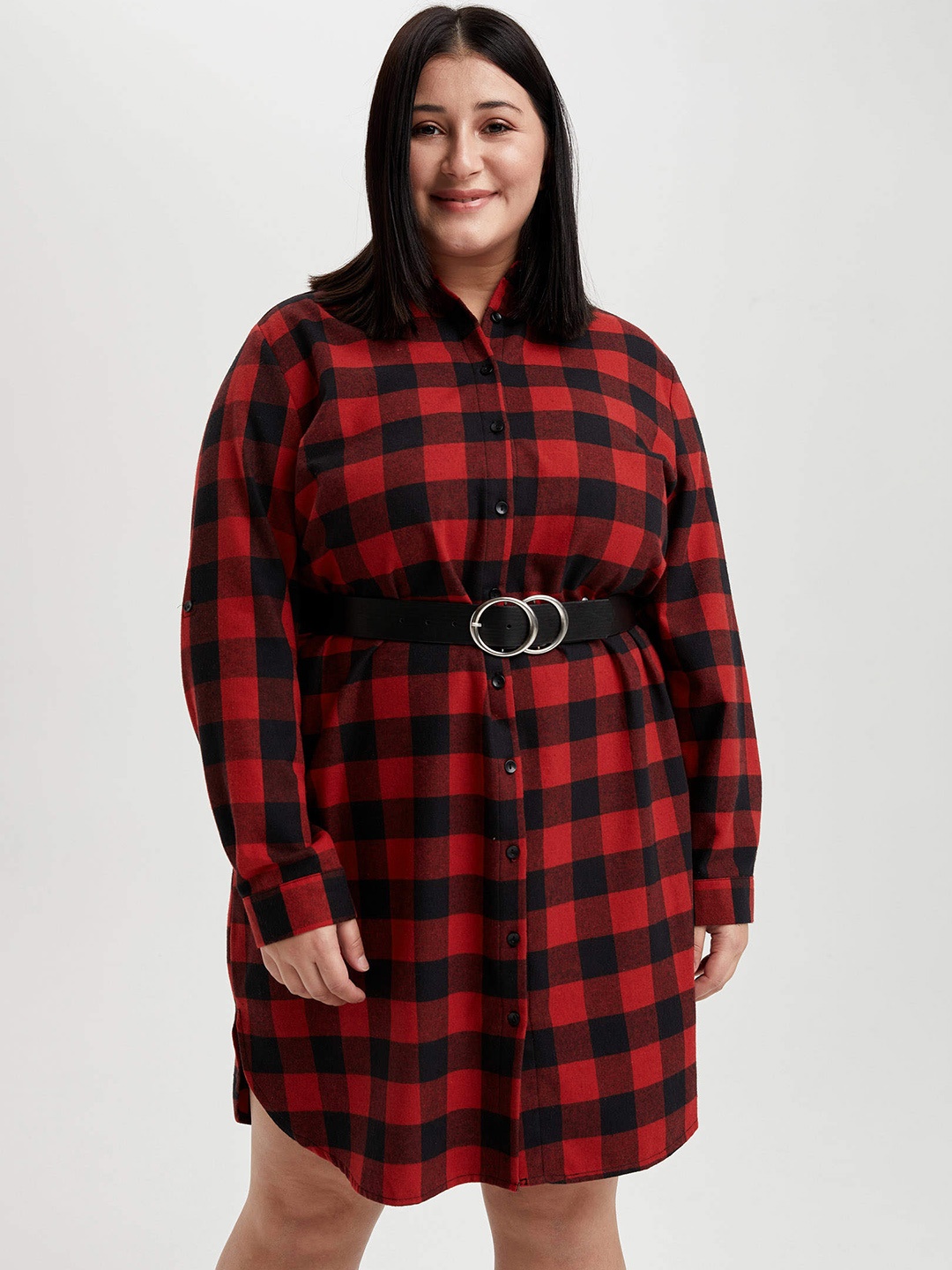 

DeFacto Plus Size Red & Black Checked Shirt Dress