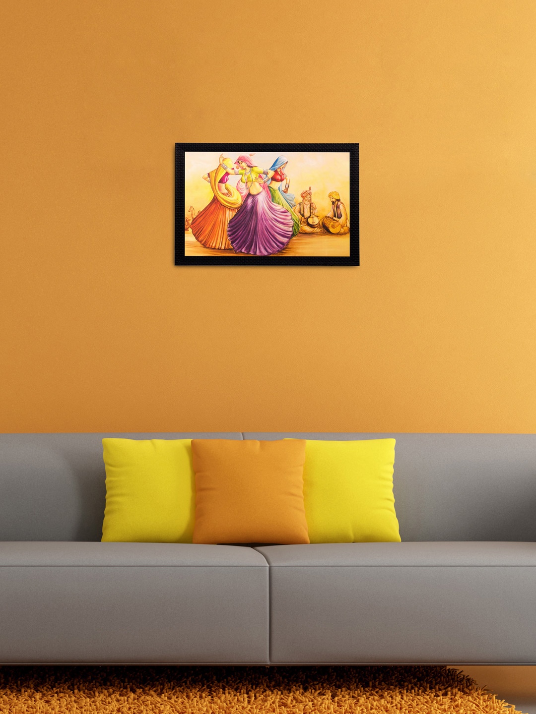 

eCraftIndia Yellow & Orange Village Women Dancing UV Wall Art